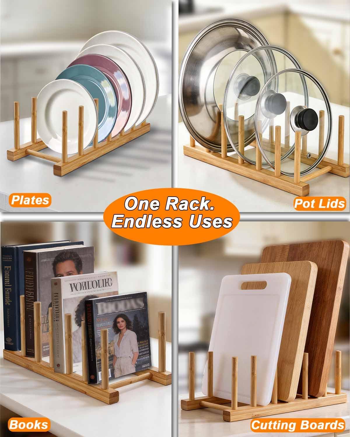 Bamboo Dish Rack, Durable Vertical Wooden Plate Holder & Drainer | Multi-Purpose Kitchen Cabinet Organizer for Dishes, Pots, Lids, Bowls, Cups & Cutting Boards(6-Slot Design)