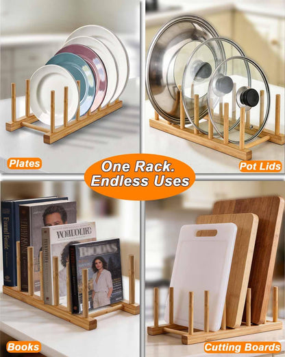 Bamboo Dish Rack, Durable Vertical Wooden Plate Holder & Drainer | Multi-Purpose Kitchen Cabinet Organizer for Dishes, Pots, Lids, Bowls, Cups & Cutting Boards(6-Slot Design)