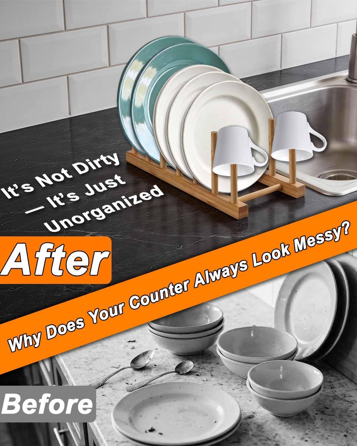 Bamboo Dish Rack, Durable Vertical Wooden Plate Holder & Drainer | Multi-Purpose Kitchen Cabinet Organizer for Dishes, Pots, Lids, Bowls, Cups & Cutting Boards(6-Slot Design)