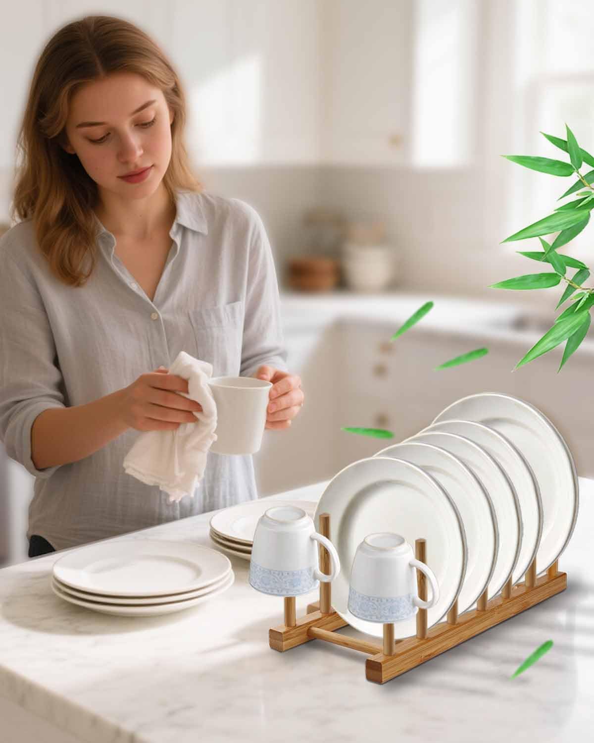 Bamboo Dish Rack, Durable Vertical Wooden Plate Holder & Drainer | Multi-Purpose Kitchen Cabinet Organizer for Dishes, Pots, Lids, Bowls, Cups & Cutting Boards(6-Slot Design)