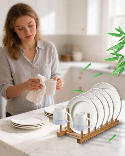 Bamboo Dish Rack, Durable Vertical Wooden Plate Holder & Drainer | Multi-Purpose Kitchen Cabinet Organizer for Dishes, Pots, Lids, Bowls, Cups & Cutting Boards(6-Slot Design)