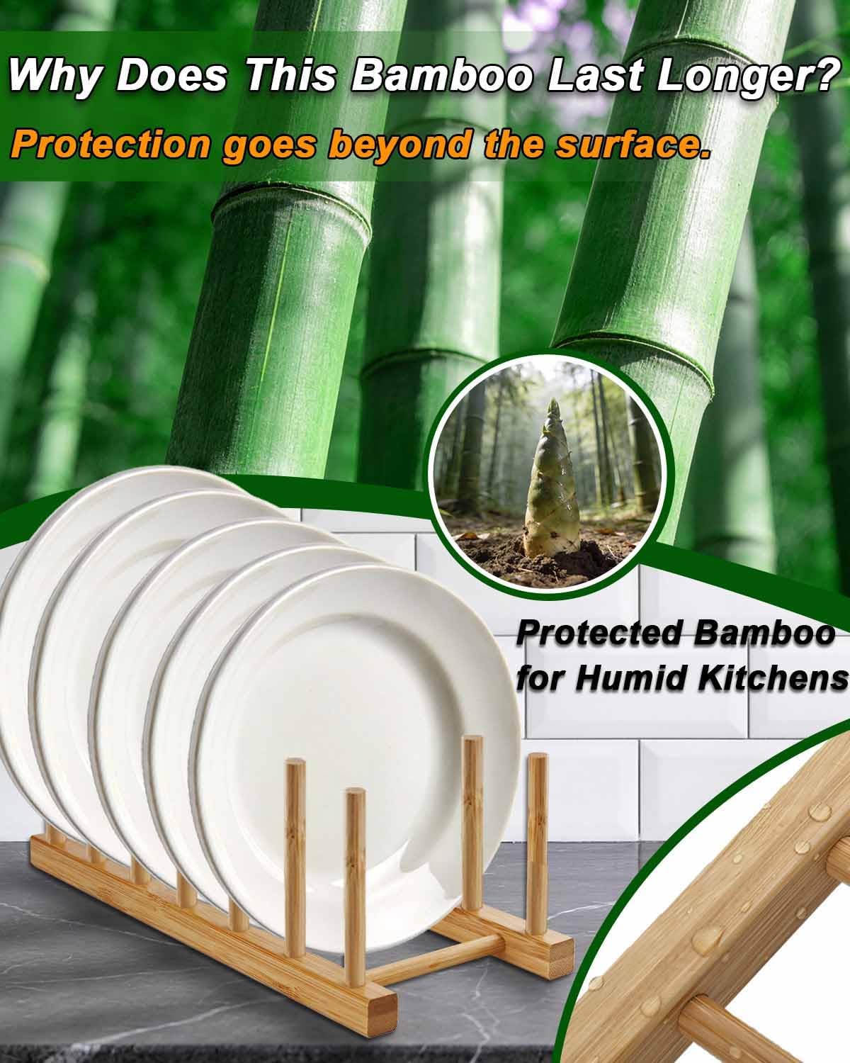 Bamboo Dish Rack, Durable Vertical Wooden Plate Holder & Drainer | Multi-Purpose Kitchen Cabinet Organizer for Dishes, Pots, Lids, Bowls, Cups & Cutting Boards(6-Slot Design)