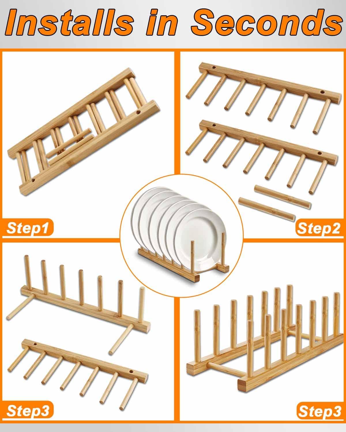 Bamboo Dish Rack, Durable Vertical Wooden Plate Holder & Drainer | Multi-Purpose Kitchen Cabinet Organizer for Dishes, Pots, Lids, Bowls, Cups & Cutting Boards(6-Slot Design)