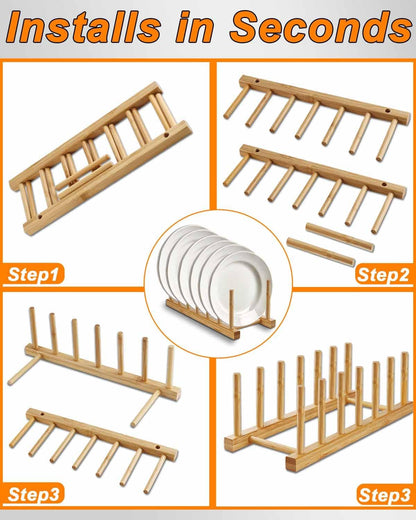 Bamboo Dish Rack, Durable Vertical Wooden Plate Holder & Drainer | Multi-Purpose Kitchen Cabinet Organizer for Dishes, Pots, Lids, Bowls, Cups & Cutting Boards(6-Slot Design)