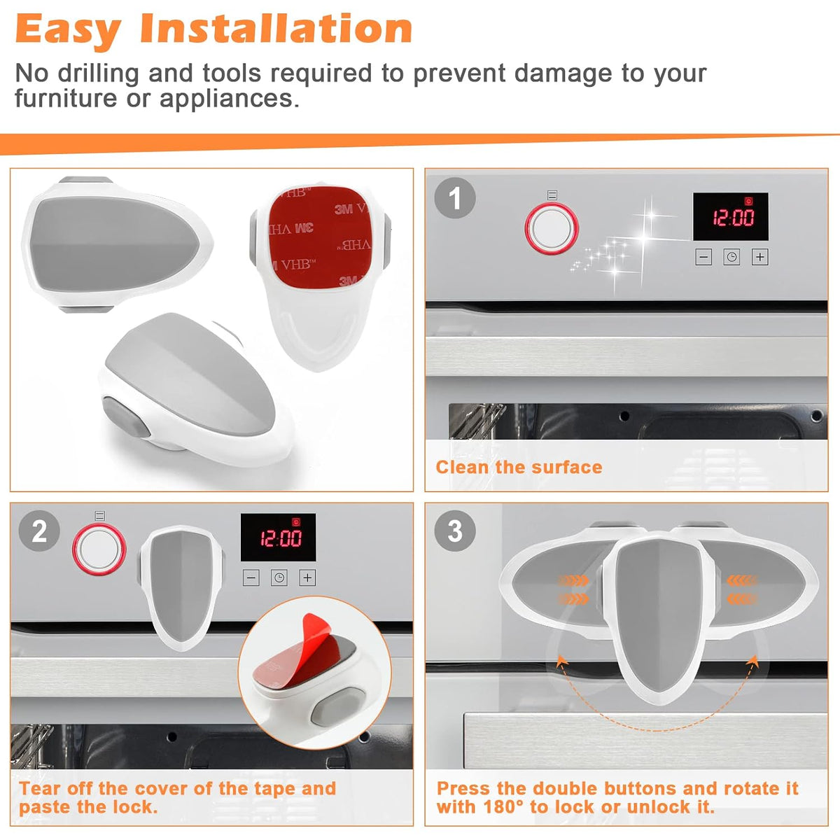 2 PCS Oven Door Lock Child Safety, Oven Baby Proof Childproof Oven Front Lock Easy to Install and Use Heat-Resistant and Durable Material, with 3M Adhesive, No Screws or Drill(2pcs,White)