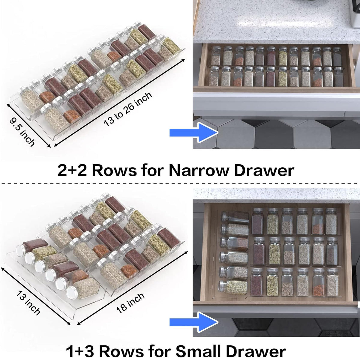Spice Drawer Organizer, 4 Tier Clear Acrylic Expandable From 13" to 26" Seasoning Jars Drawer Insert, Kitchen Drawer Spice Rack Tray for Cabinet/Countertop