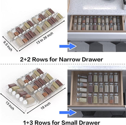 Spice Drawer Organizer, 4 Tier Clear Acrylic Expandable From 13" to 26" Seasoning Jars Drawer Insert, Kitchen Drawer Spice Rack Tray for Cabinet/Countertop