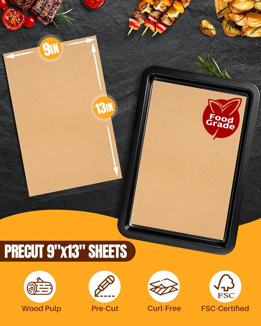 140 Parchment Paper Sheets 9x13 Inch | Precut Unbleached Baking Paper Sheets for Oven, Air Fryer, Cookies, Bread, Pizza | Non-Stick, Greaseproof Liners | Natural Brown Parchment for Baking