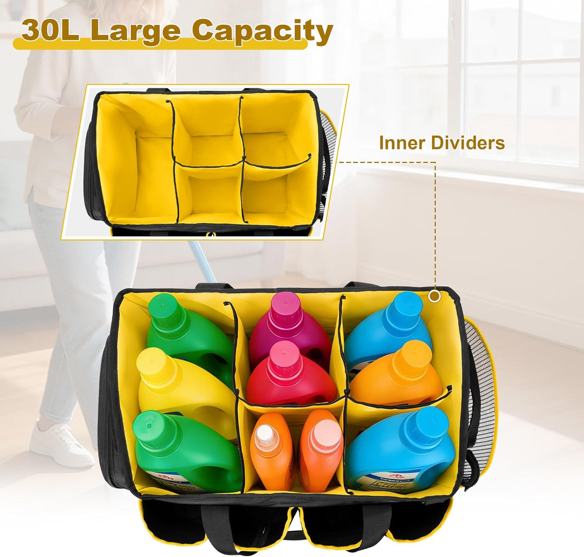 Extra-Large Cleaning Caddy Organizer Bag with Handle | Cleaning Supply Tote Bag Built-in Support Boards for Car, Home, Housekeeping Work, Kitchen Cleaning Supplies
