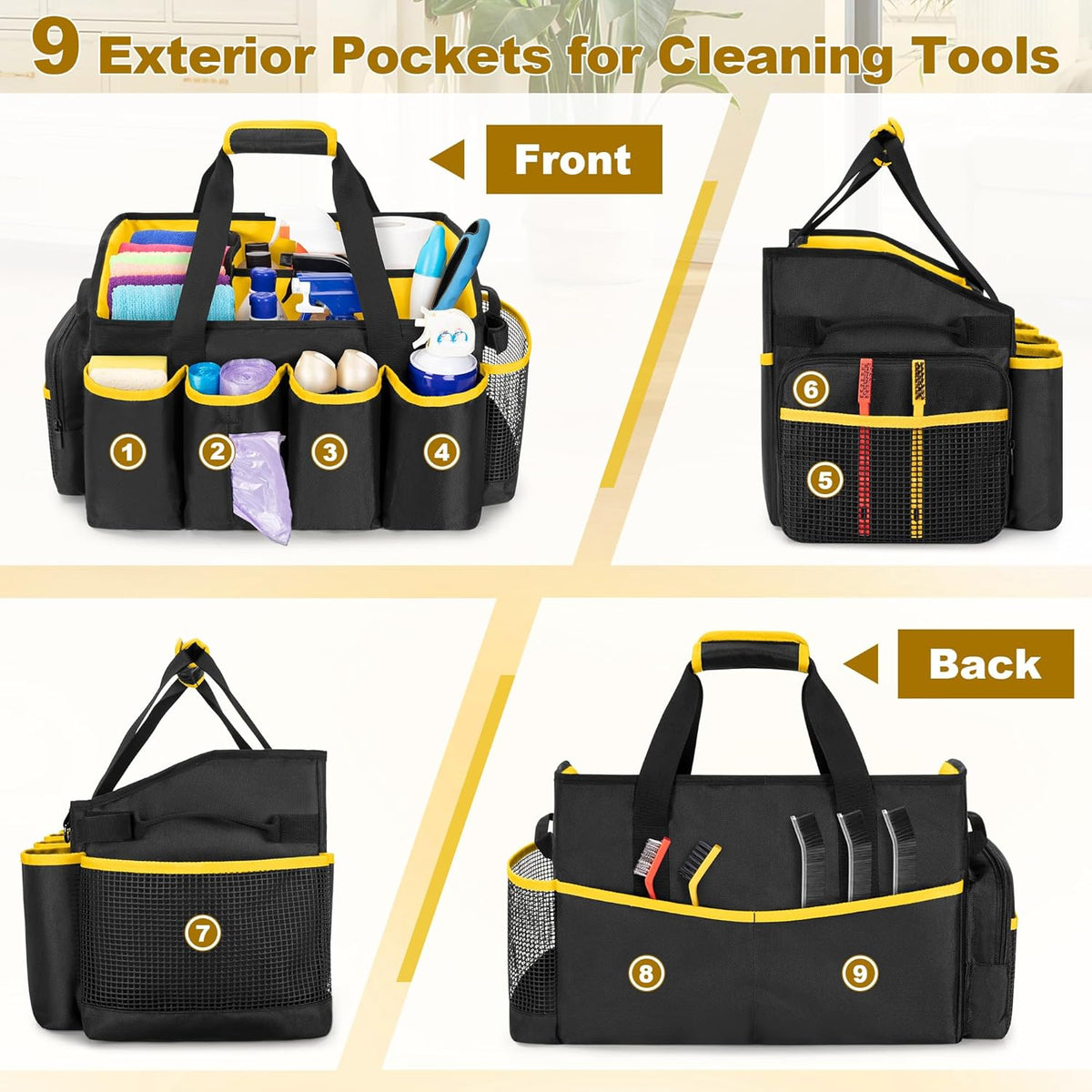 Extra-Large Cleaning Caddy Organizer Bag with Handle | Cleaning Supply Tote Bag Built-in Support Boards for Car, Home, Housekeeping Work, Kitchen Cleaning Supplies