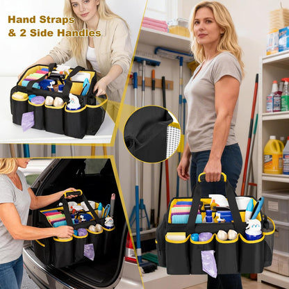 Extra-Large Cleaning Caddy Organizer Bag with Handle | Cleaning Supply Tote Bag Built-in Support Boards for Car, Home, Housekeeping Work, Kitchen Cleaning Supplies