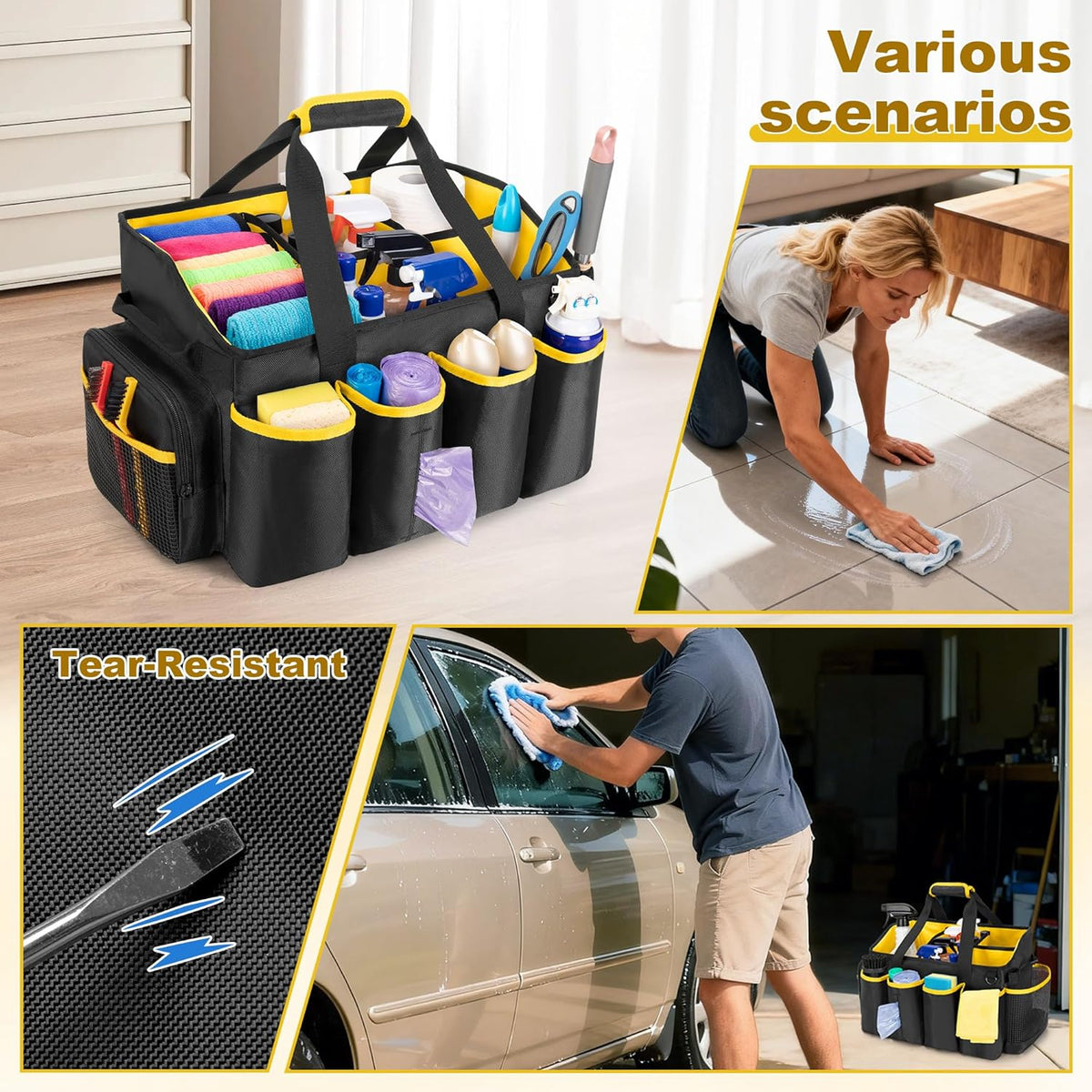 Extra-Large Cleaning Caddy Organizer Bag with Handle | Cleaning Supply Tote Bag Built-in Support Boards for Car, Home, Housekeeping Work, Kitchen Cleaning Supplies