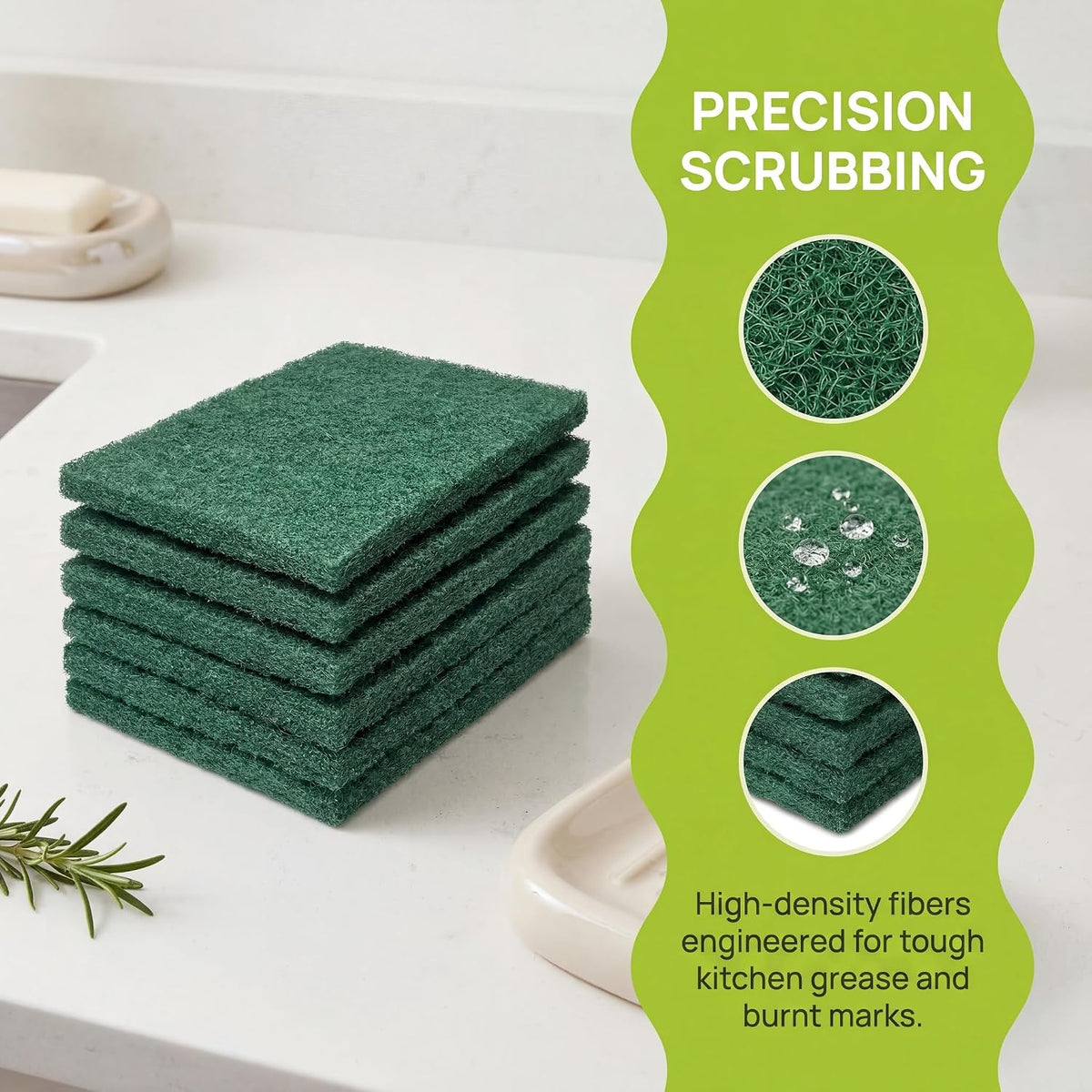 Green Scrubbing Pads 6-Pack, Kitchen Scourer for Pots & Stovetops
