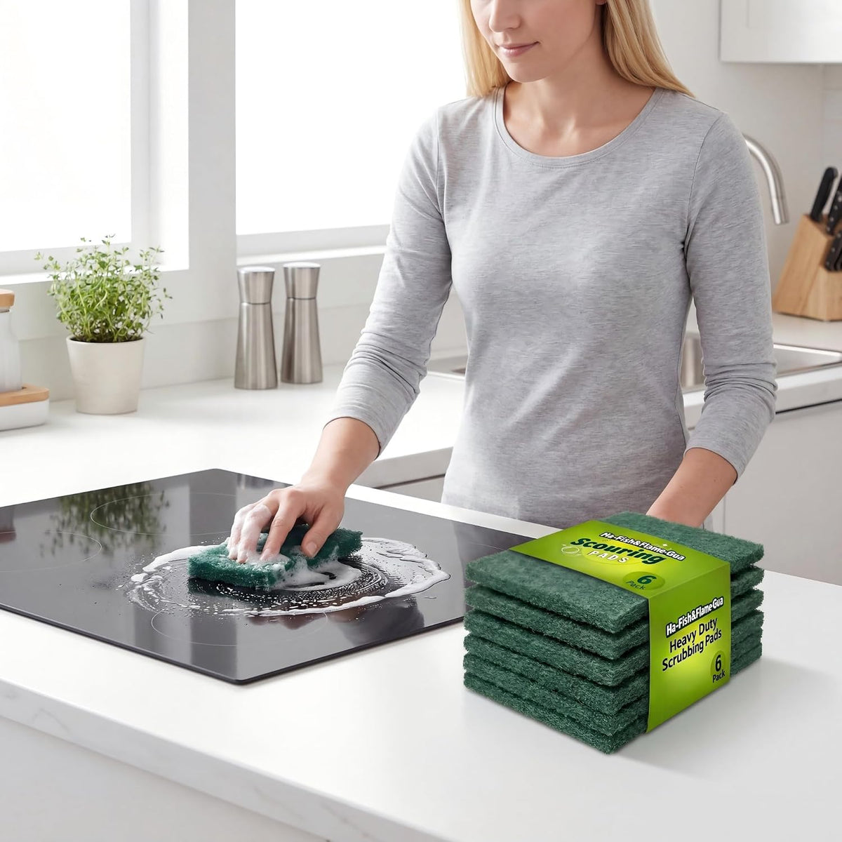 Green Scrubbing Pads 6-Pack, Kitchen Scourer for Pots & Stovetops