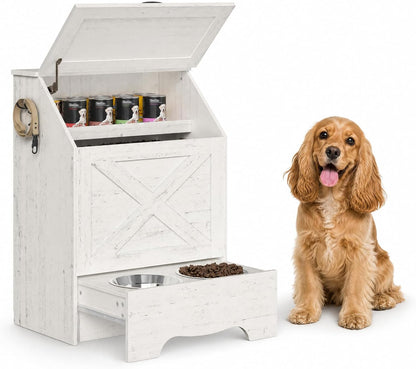 Dog Feeding Station with Sliding Drawer and 2 Hidden Bowls, Pet Feeding Station with Flip-Up Door, Dog Food Storage Cabinet with 2 Hooks for Living Room and Bedroom, Cloud White WT03PO03