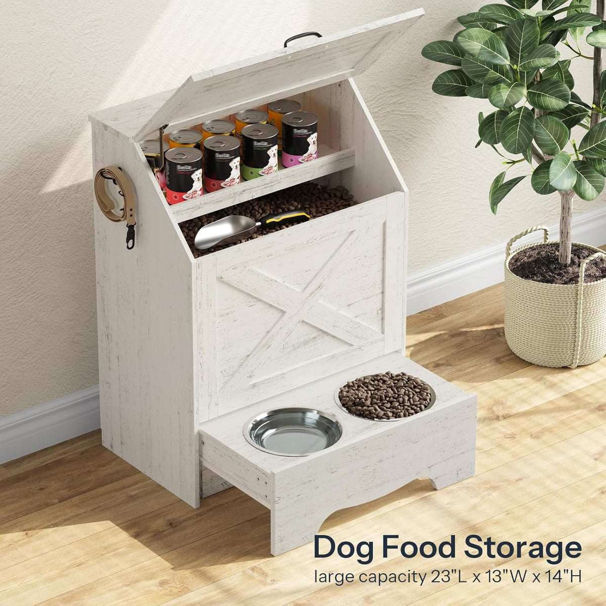 Dog Feeding Station with Sliding Drawer and 2 Hidden Bowls, Pet Feeding Station with Flip-Up Door, Dog Food Storage Cabinet with 2 Hooks for Living Room and Bedroom, Cloud White WT03PO03