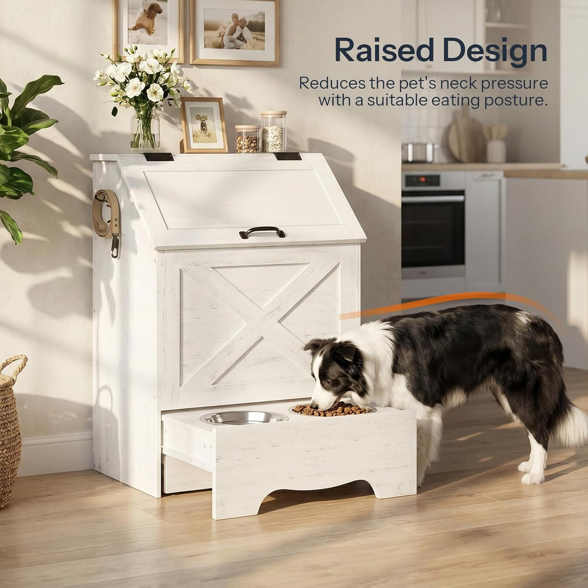 Dog Feeding Station with Sliding Drawer and 2 Hidden Bowls, Pet Feeding Station with Flip-Up Door, Dog Food Storage Cabinet with 2 Hooks for Living Room and Bedroom, Cloud White WT03PO03