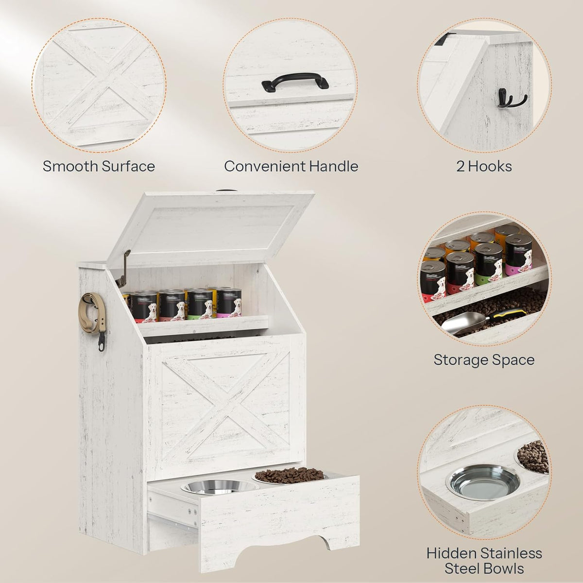 Dog Feeding Station with Sliding Drawer and 2 Hidden Bowls, Pet Feeding Station with Flip-Up Door, Dog Food Storage Cabinet with 2 Hooks for Living Room and Bedroom, Cloud White WT03PO03
