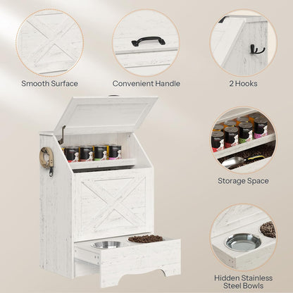 Dog Feeding Station with Sliding Drawer and 2 Hidden Bowls, Pet Feeding Station with Flip-Up Door, Dog Food Storage Cabinet with 2 Hooks for Living Room and Bedroom, Cloud White WT03PO03