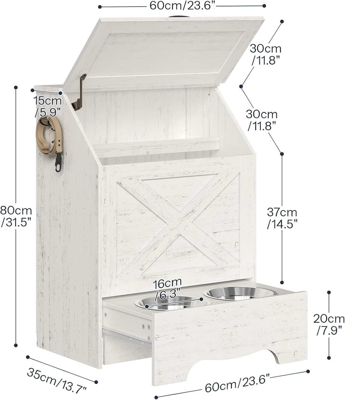 Dog Feeding Station with Sliding Drawer and 2 Hidden Bowls, Pet Feeding Station with Flip-Up Door, Dog Food Storage Cabinet with 2 Hooks for Living Room and Bedroom, Cloud White WT03PO03
