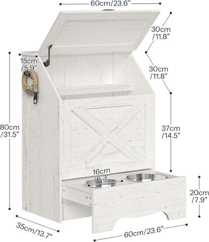 Dog Feeding Station with Sliding Drawer and 2 Hidden Bowls, Pet Feeding Station with Flip-Up Door, Dog Food Storage Cabinet with 2 Hooks for Living Room and Bedroom, Cloud White WT03PO03
