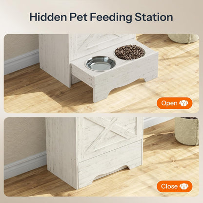 Dog Feeding Station with Sliding Drawer and 2 Hidden Bowls, Pet Feeding Station with Flip-Up Door, Dog Food Storage Cabinet with 2 Hooks for Living Room and Bedroom, Cloud White WT03PO03