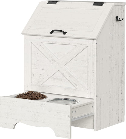 Dog Feeding Station with Sliding Drawer and 2 Hidden Bowls, Pet Feeding Station with Flip-Up Door, Dog Food Storage Cabinet with 2 Hooks for Living Room and Bedroom, Cloud White WT03PO03