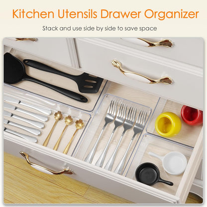 Drawer Organizer, Large Clear Plastic Set, 3 Size Versatile Bathroom and Vanity Organizer Trays, Storage Bins for Makeup, Bedroom, Kitchen Utensils