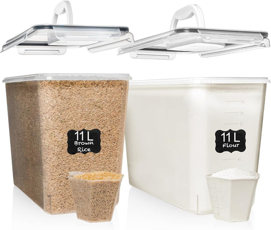 2 PC (11L | 372 oz) Flour Sugar Storage Containers with Easy Carry Handle - Plastic Extra Large Food Storage Containers with Lids for Rice Cereal, BPA Free & Airtight Kitchen Pantry Organization