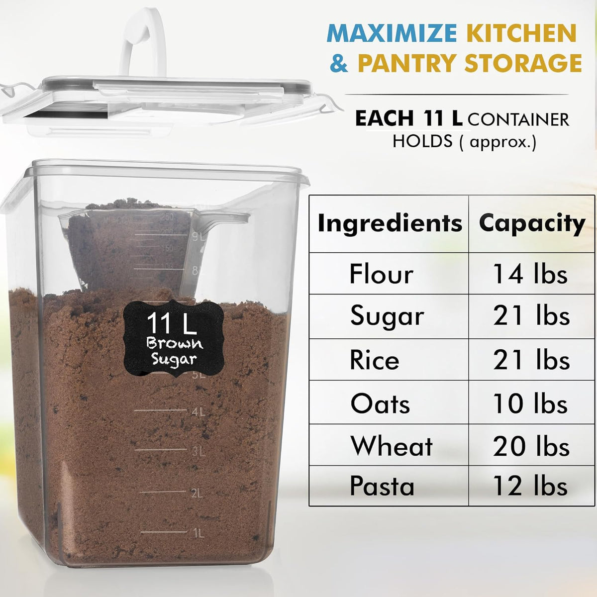 2 PC (11L | 372 oz) Flour Sugar Storage Containers with Easy Carry Handle - Plastic Extra Large Food Storage Containers with Lids for Rice Cereal, BPA Free & Airtight Kitchen Pantry Organization