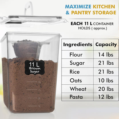 2 PC (11L | 372 oz) Flour Sugar Storage Containers with Easy Carry Handle - Plastic Extra Large Food Storage Containers with Lids for Rice Cereal, BPA Free & Airtight Kitchen Pantry Organization