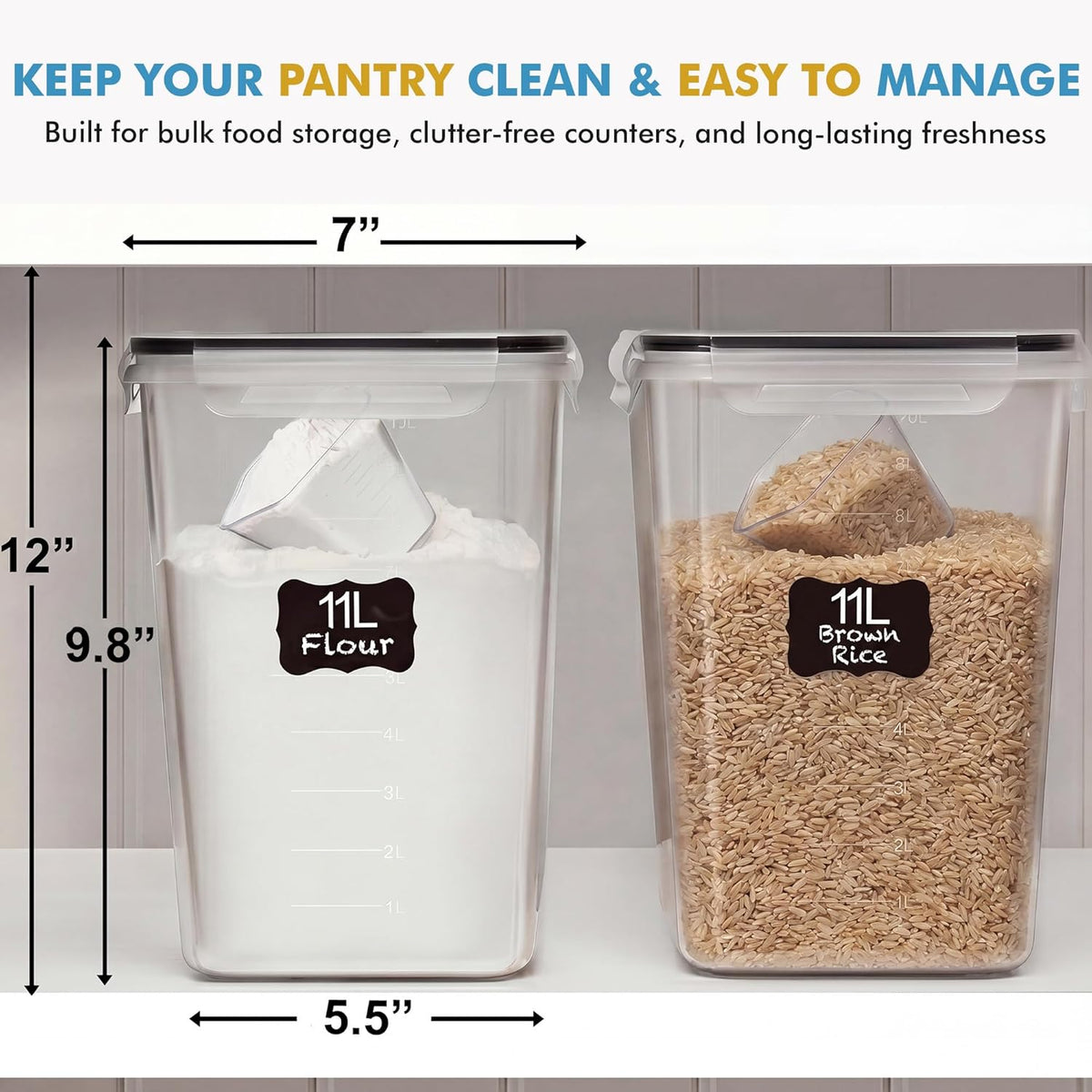 2 PC (11L | 372 oz) Flour Sugar Storage Containers with Easy Carry Handle - Plastic Extra Large Food Storage Containers with Lids for Rice Cereal, BPA Free & Airtight Kitchen Pantry Organization