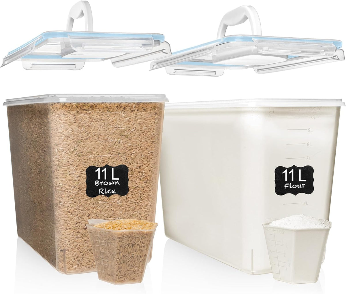 2 PC (11L | 372 oz) Flour Sugar Storage Containers with Easy Carry Handle - Plastic Extra Large Food Storage Containers with Lids for Rice Cereal, BPA Free & Airtight Kitchen Pantry Organization