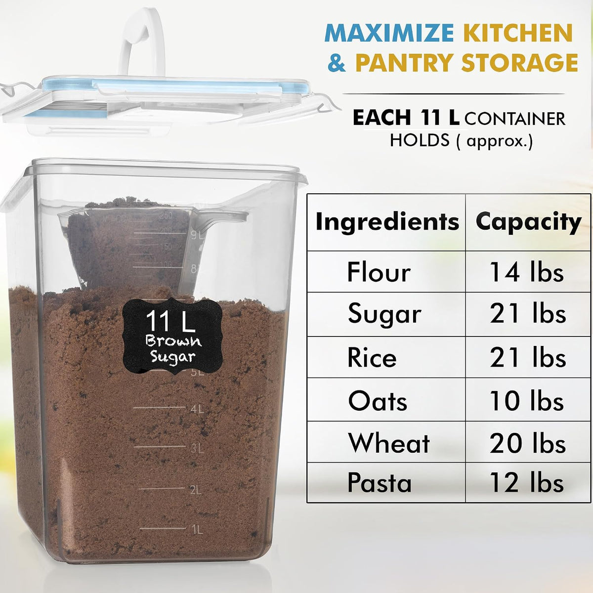 2 PC (11L | 372 oz) Flour Sugar Storage Containers with Easy Carry Handle - Plastic Extra Large Food Storage Containers with Lids for Rice Cereal, BPA Free & Airtight Kitchen Pantry Organization