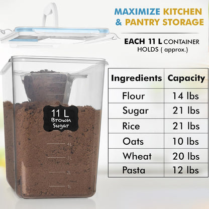 2 PC (11L | 372 oz) Flour Sugar Storage Containers with Easy Carry Handle - Plastic Extra Large Food Storage Containers with Lids for Rice Cereal, BPA Free & Airtight Kitchen Pantry Organization