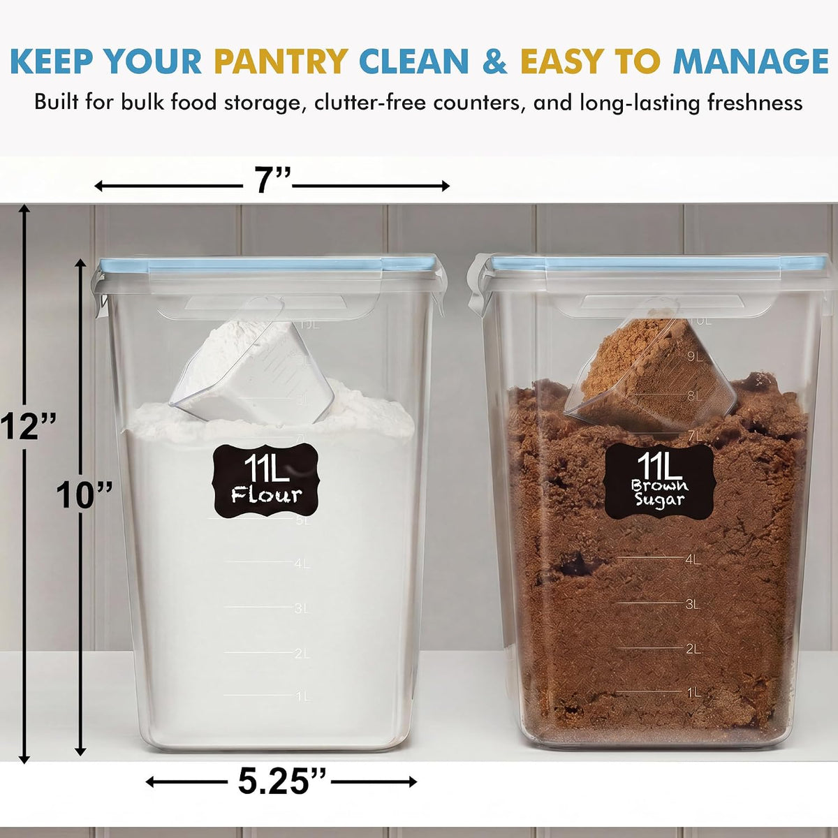 2 PC (11L | 372 oz) Flour Sugar Storage Containers with Easy Carry Handle - Plastic Extra Large Food Storage Containers with Lids for Rice Cereal, BPA Free & Airtight Kitchen Pantry Organization