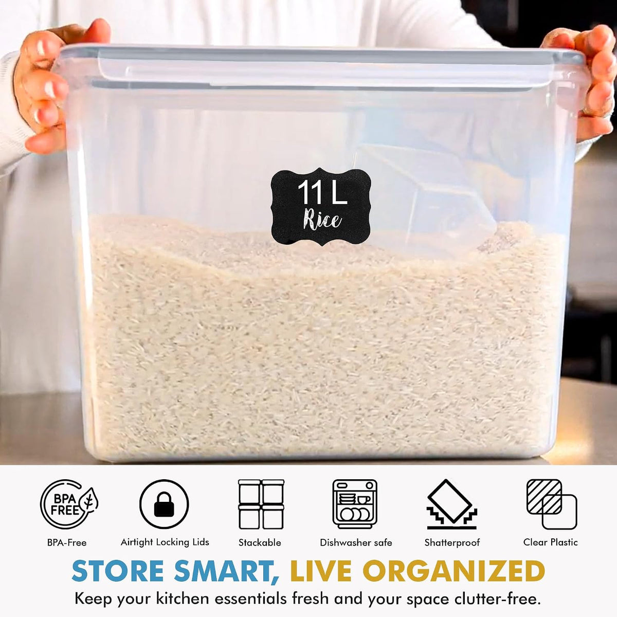 2 PC (11L | 372 oz) Flour Sugar Storage Containers with Easy Carry Handle - Plastic Extra Large Food Storage Containers with Lids for Rice Cereal, BPA Free & Airtight Kitchen Pantry Organization