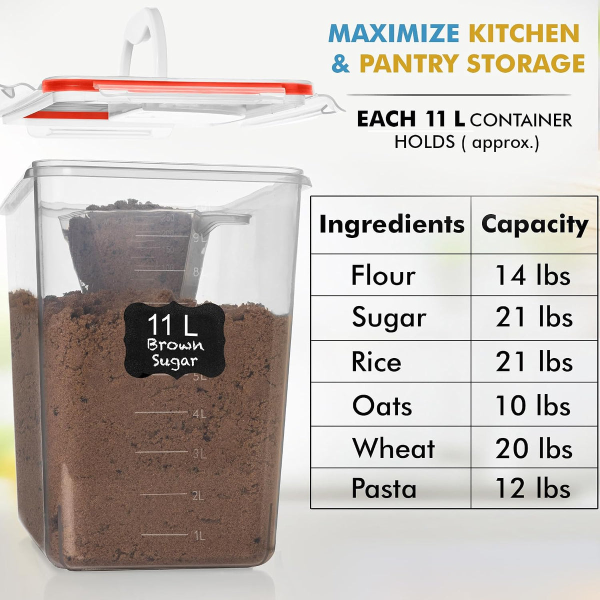 2 PC (11L | 372 oz) Flour Sugar Storage Containers with Easy Carry Handle - Plastic Extra Large Food Storage Containers with Lids for Rice Cereal, BPA Free & Airtight Kitchen Pantry Organization