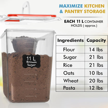 2 PC (11L | 372 oz) Flour Sugar Storage Containers with Easy Carry Handle - Plastic Extra Large Food Storage Containers with Lids for Rice Cereal, BPA Free & Airtight Kitchen Pantry Organization