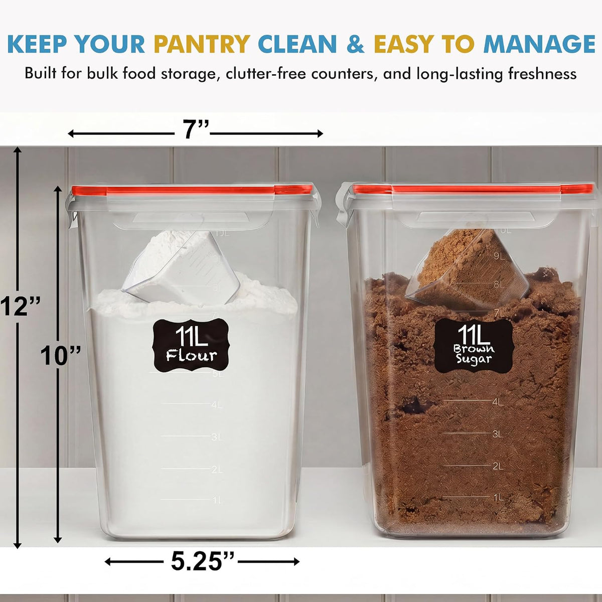 2 PC (11L | 372 oz) Flour Sugar Storage Containers with Easy Carry Handle - Plastic Extra Large Food Storage Containers with Lids for Rice Cereal, BPA Free & Airtight Kitchen Pantry Organization