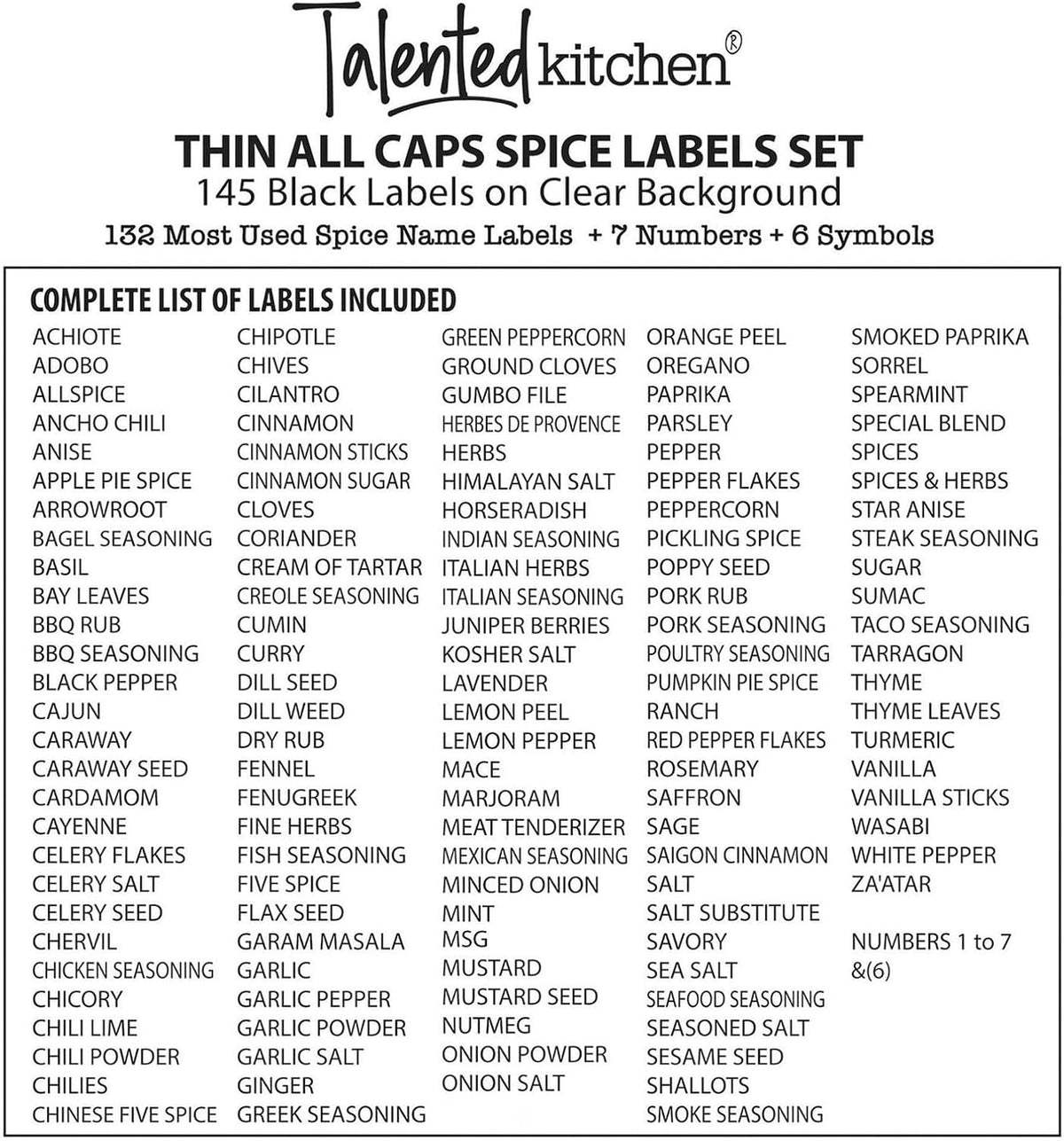 Spice Labels Stickers - Black Vinyl, 145-Pack, 1 Inch - Preprinted Waterproof Spice Jar Labels for Kitchen & Pantry Organization - Glass Jars, Herb & Seasoning Containers
