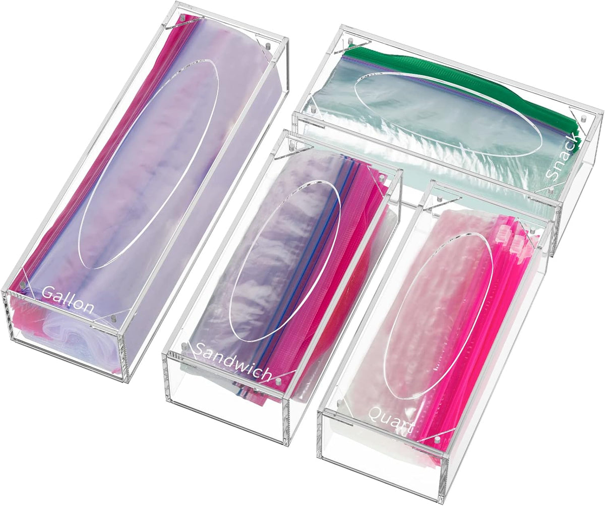 Food Bag Storage Organizer, Acrylic Kitchen Drawer Baggie Box, Compatible with Gallon, Slider Quart, Freezer, Sandwich, Snack, Variety Size Bags, 4 separate Pack(Clear)