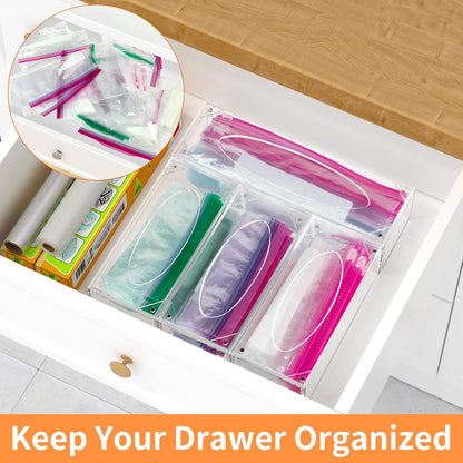 Food Bag Storage Organizer, Acrylic Kitchen Drawer Baggie Box, Compatible with Gallon, Slider Quart, Freezer, Sandwich, Snack, Variety Size Bags, 4 separate Pack(Clear)