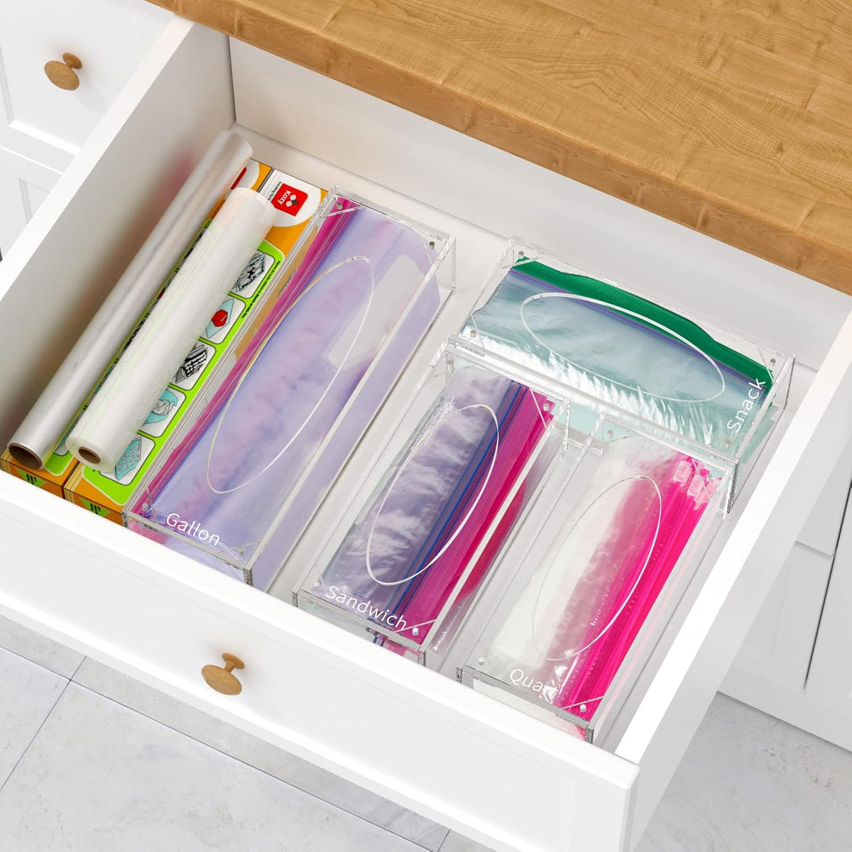 Food Bag Storage Organizer, Acrylic Kitchen Drawer Baggie Box, Compatible with Gallon, Slider Quart, Freezer, Sandwich, Snack, Variety Size Bags, 4 separate Pack(Clear)