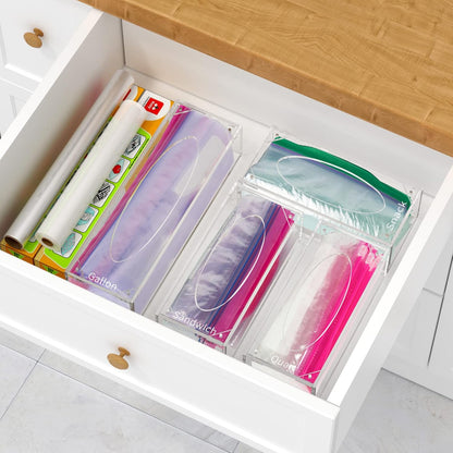 Food Bag Storage Organizer, Acrylic Kitchen Drawer Baggie Box, Compatible with Gallon, Slider Quart, Freezer, Sandwich, Snack, Variety Size Bags, 4 separate Pack(Clear)