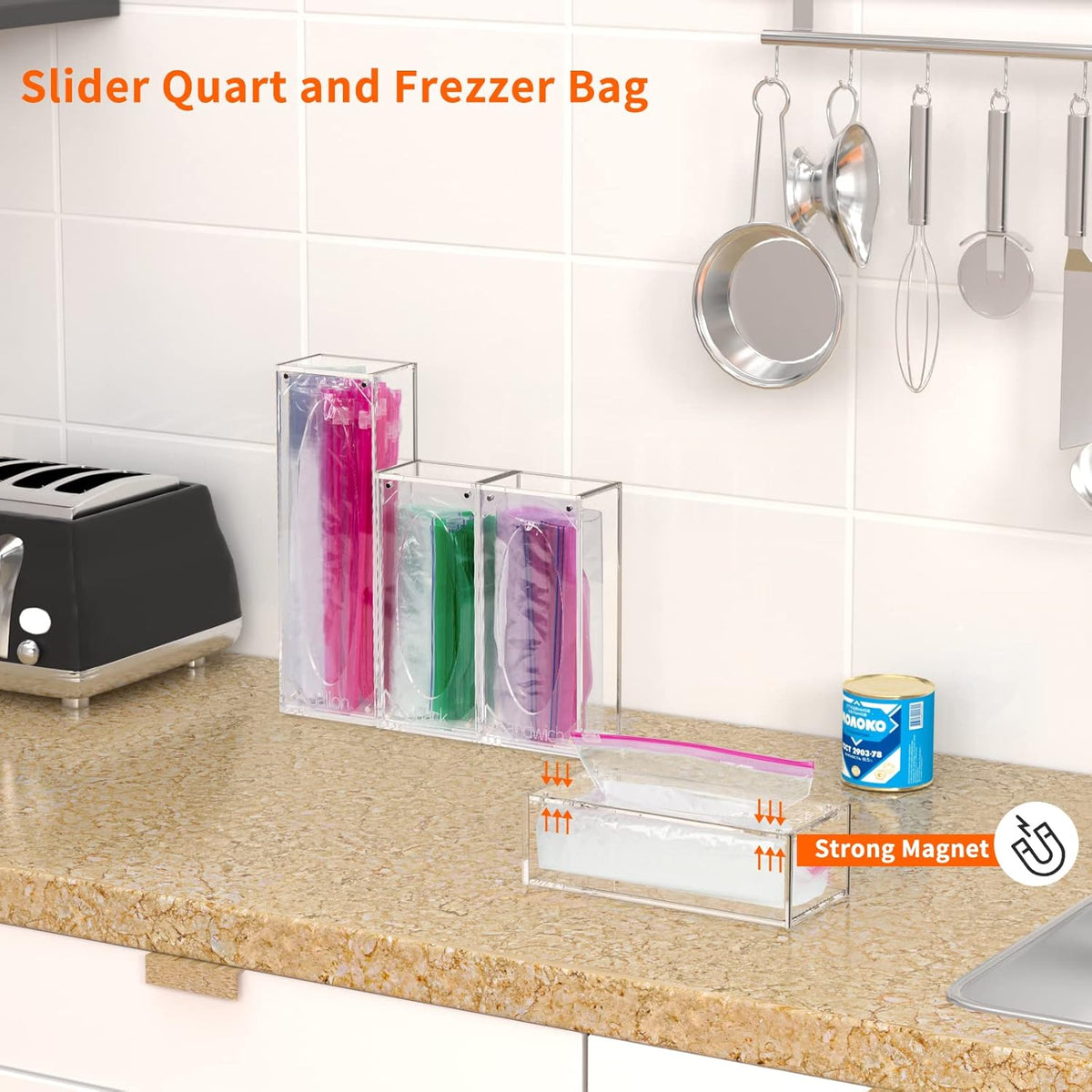 Food Bag Storage Organizer, Acrylic Kitchen Drawer Baggie Box, Compatible with Gallon, Slider Quart, Freezer, Sandwich, Snack, Variety Size Bags, 4 separate Pack(Clear)