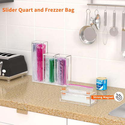 Food Bag Storage Organizer, Acrylic Kitchen Drawer Baggie Box, Compatible with Gallon, Slider Quart, Freezer, Sandwich, Snack, Variety Size Bags, 4 separate Pack(Clear)