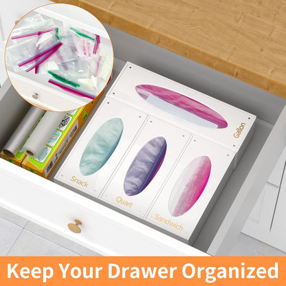 Food Bag Storage Organizer, Acrylic Kitchen Drawer Baggie Box, Compatible with Gallon, Slider Quart, Freezer, Sandwich, Snack, Variety Size Bags, 4 separate Pack(Clear)