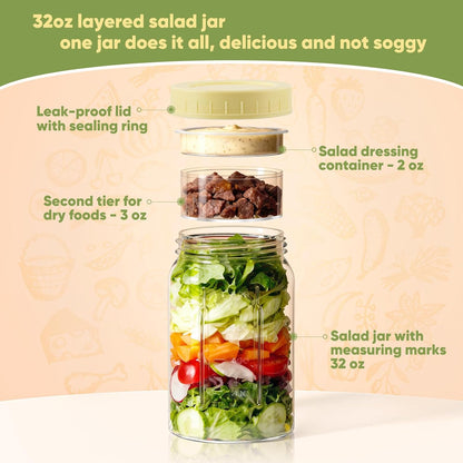 4 Pack 32OZ Glass Salad Jars Container with Dressing Cup for meal prep