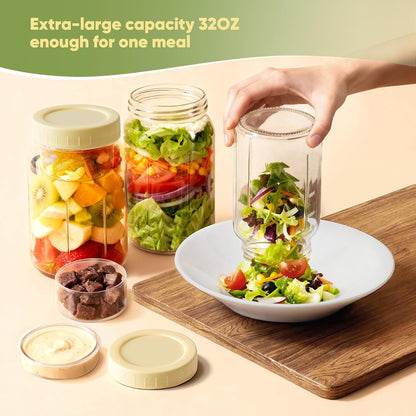 4 Pack 32OZ Glass Salad Jars Container with Dressing Cup for meal prep